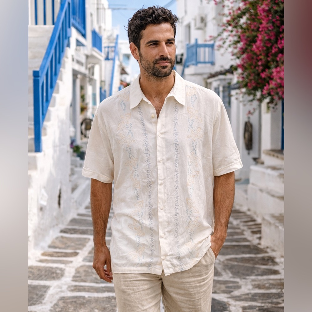 Cubavera SZ LG men’s shirt sleeve linen/rayon resort wear, Mediterranean vacay